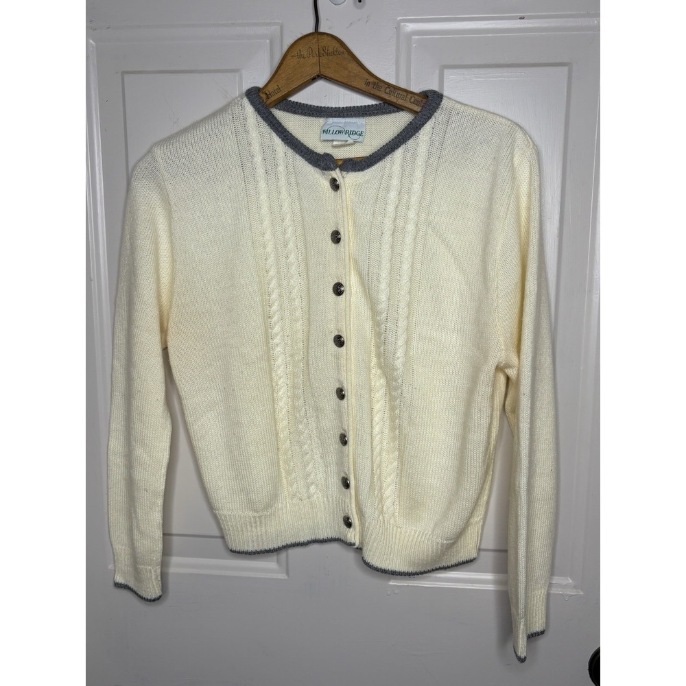 Vtg Women's M Cardigan Sweater Ivory Silver Buttons Gray Detail Short USA Cable - Picture 8 of 8